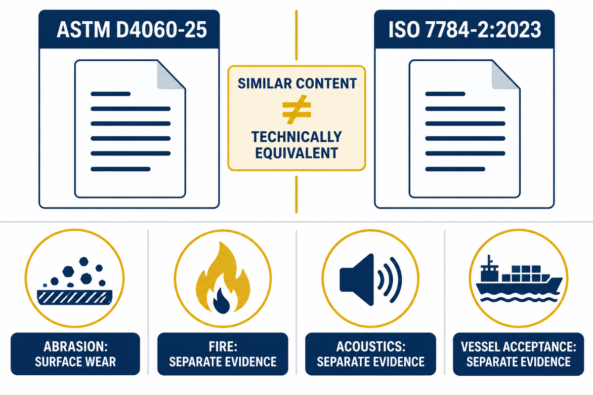 ASTM D4060-25 and ISO 7784-2:2023 are not technically equivalent; wear is separate from other approvals.